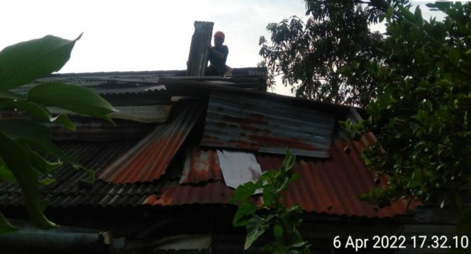 
 Petugas BPBD Kabupaten Bangka melakukan pemasangan terpal untuk perbaikan sementara pada rumah warga terdampak angin puting beliung di Kabupaten Bangka, Provinsi Bangka Belitung. Foto : BPBD Kabupaten Bangka
